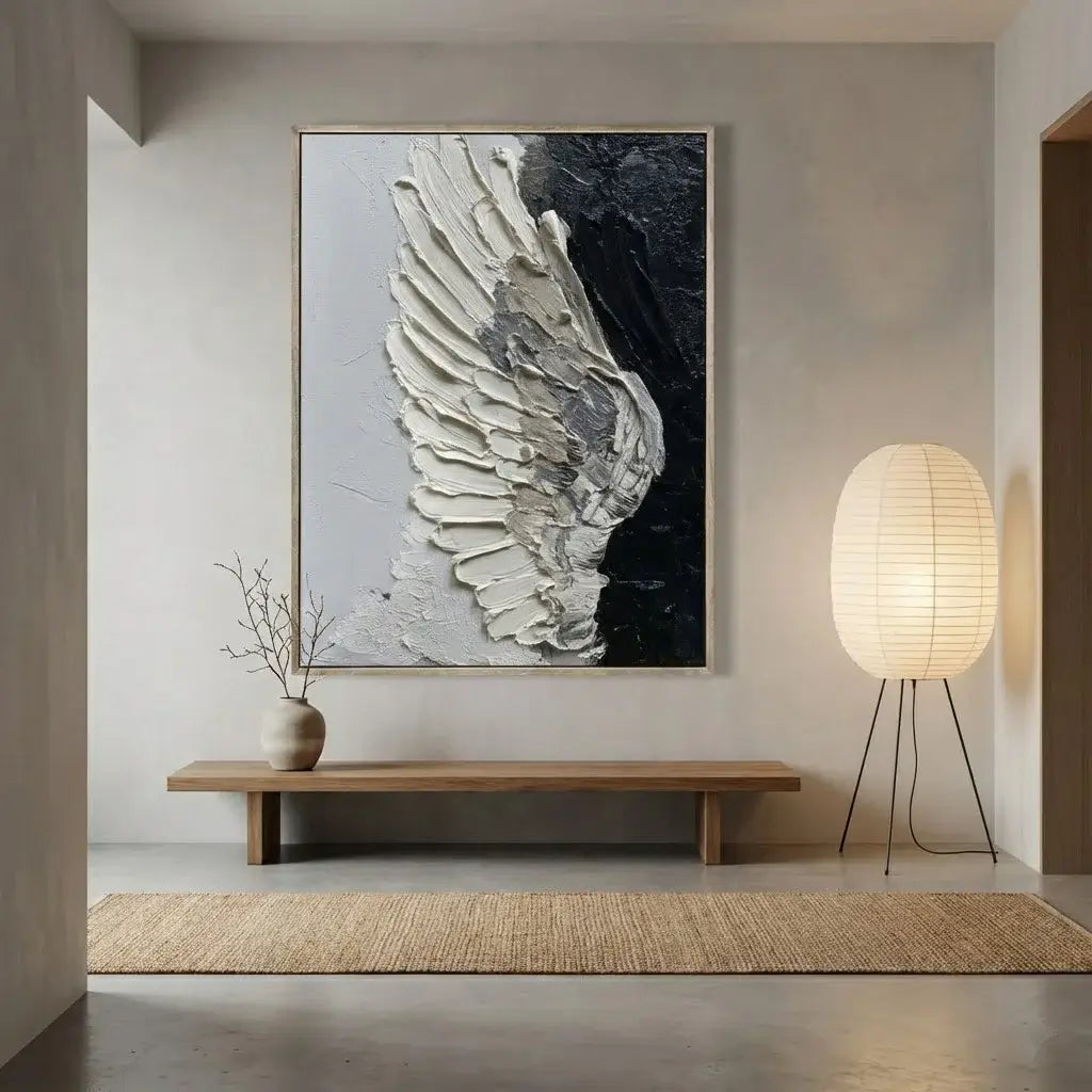 Modern interior with a large abstract wing painting on the wall, wooden bench, and lamp.