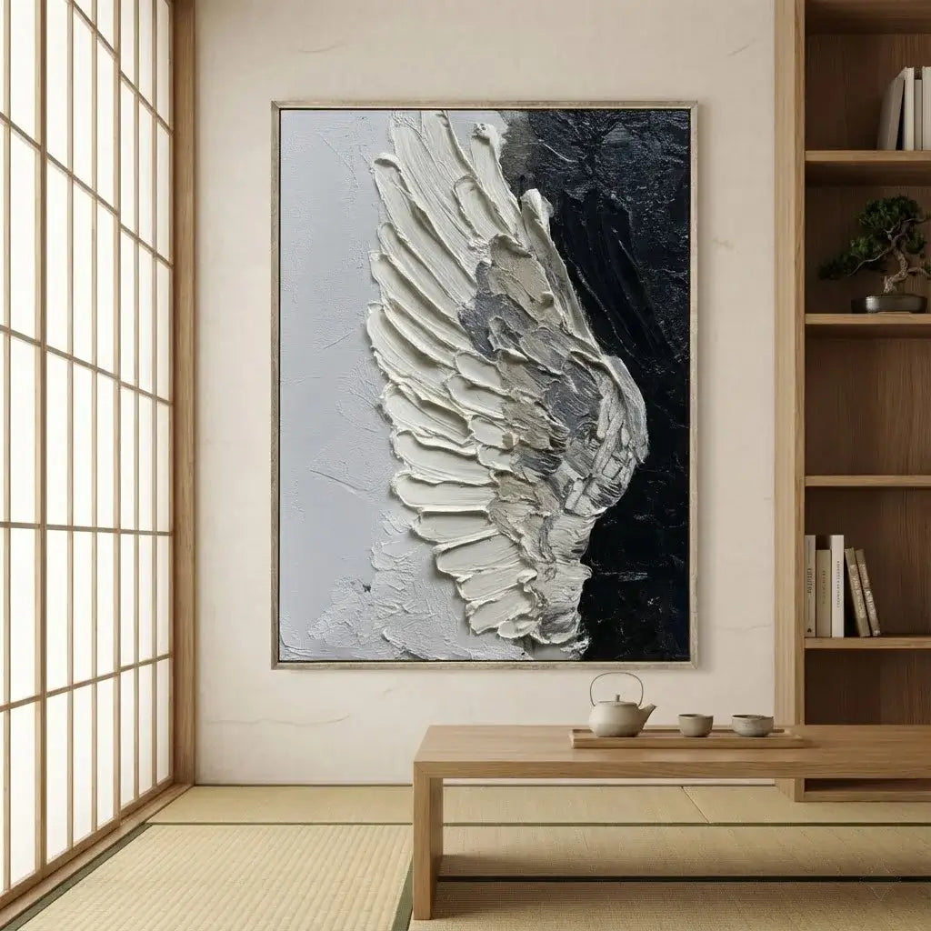 Abstract art of a wing in a modern room with wooden furniture and a window.