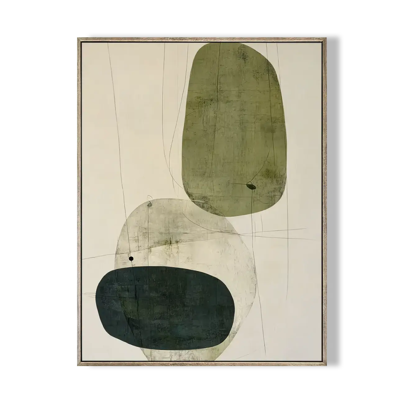 Abstract art print with green and gray shapes on a beige background