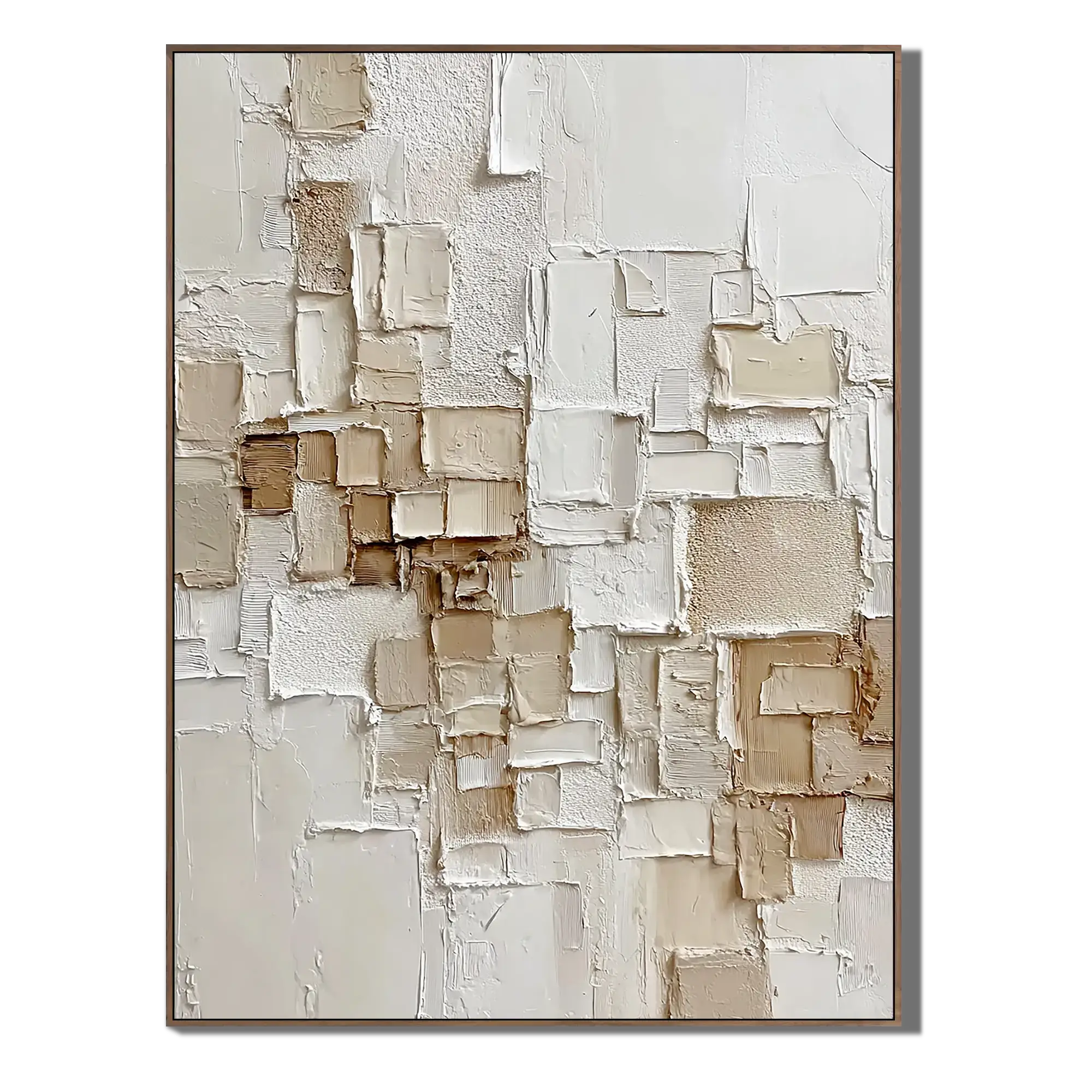 Abstract art piece with beige and brown tones on a white background