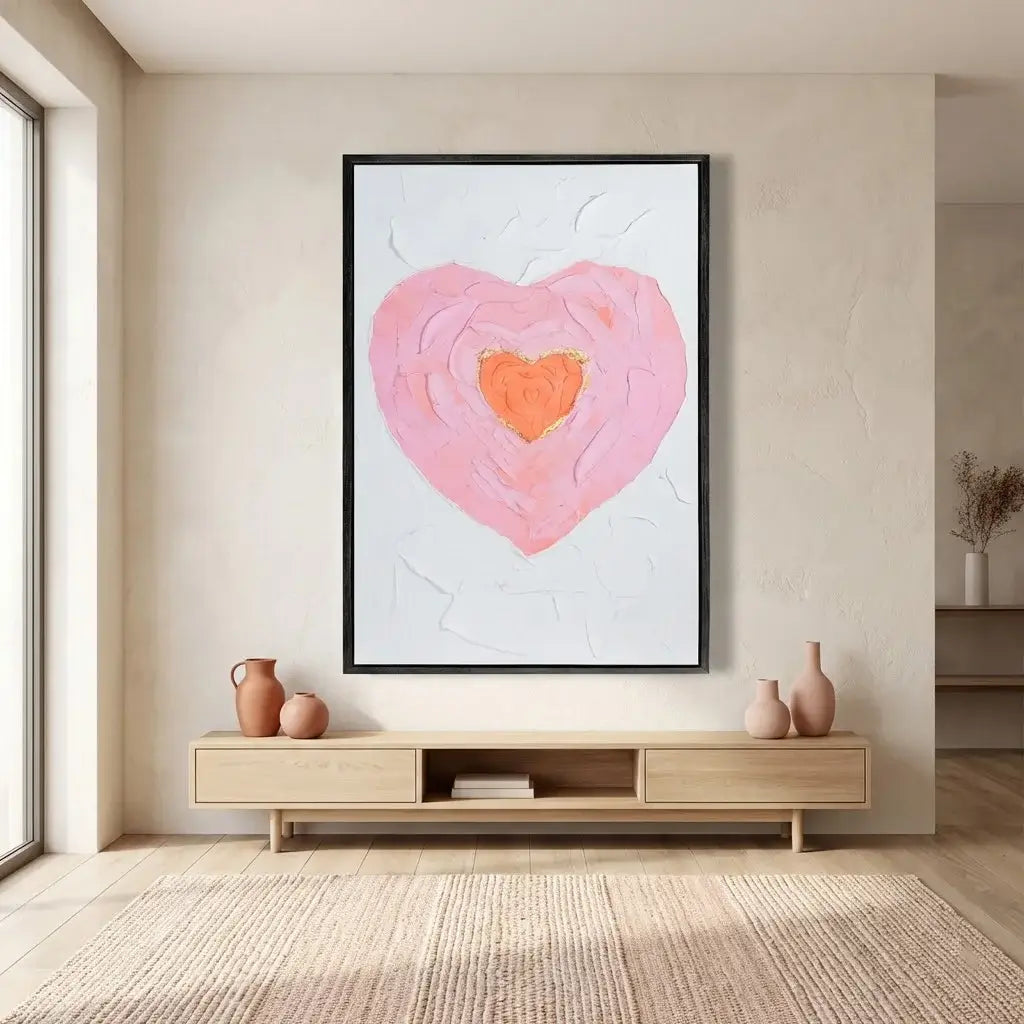 Heart-shaped artwork in a modern living room setting