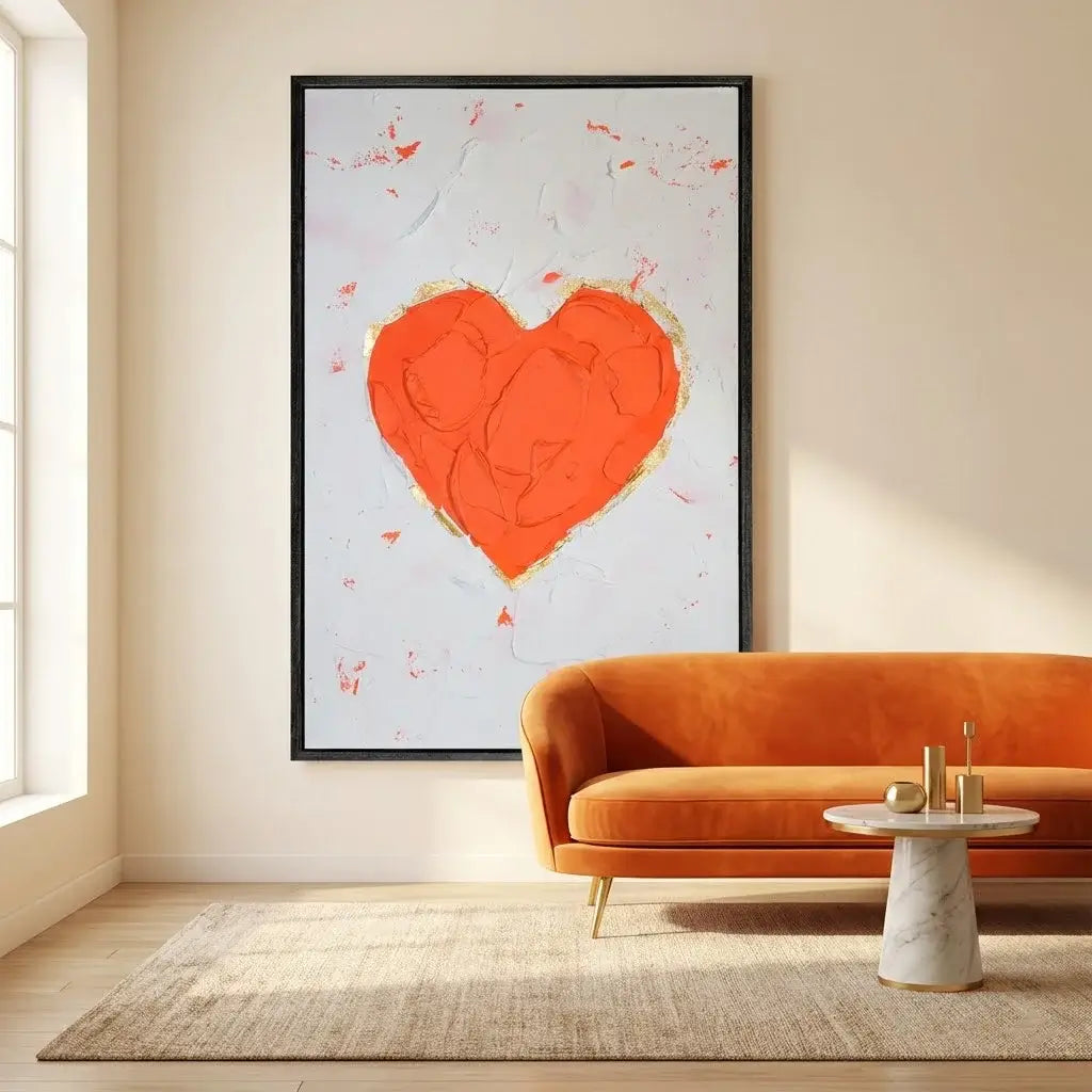 Orange heart-shaped artwork on a wall above an orange sofa in a well-lit room.