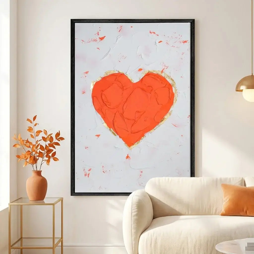 Framed abstract artwork with a red heart on a white wall above a beige sofa.