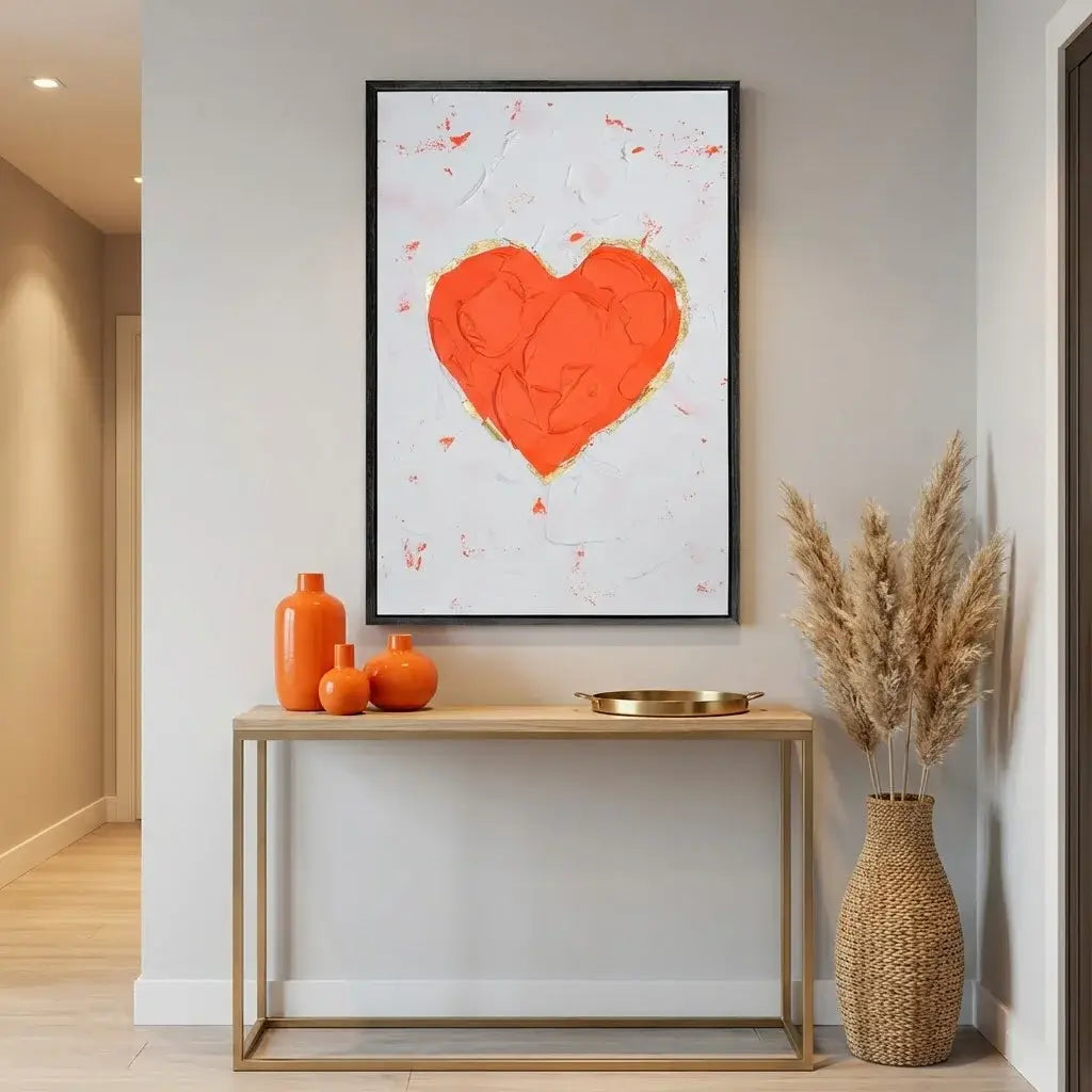 Modern interior with a heart-shaped artwork, decorative vases, and a woven basket.