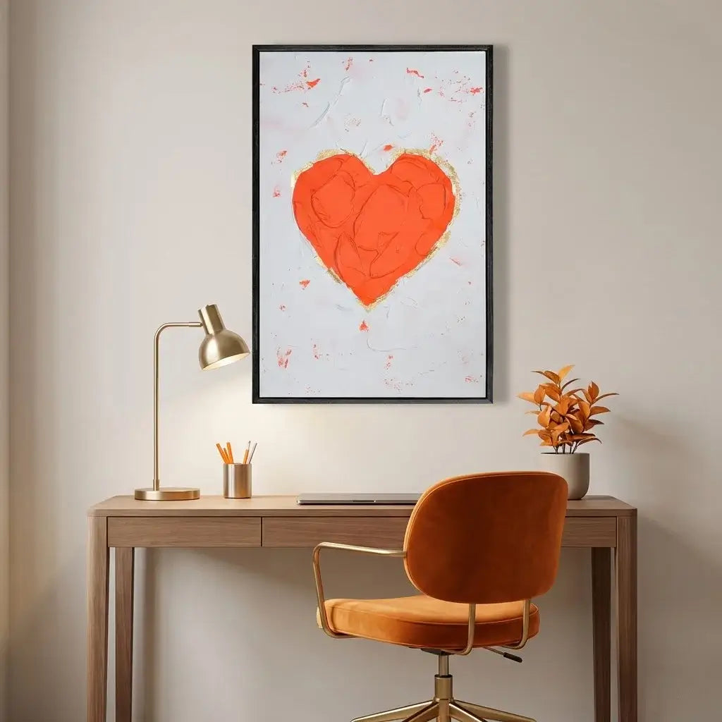 Modern office setup with a desk, chair, lamp, and framed artwork of a red heart on a light gray wall.
