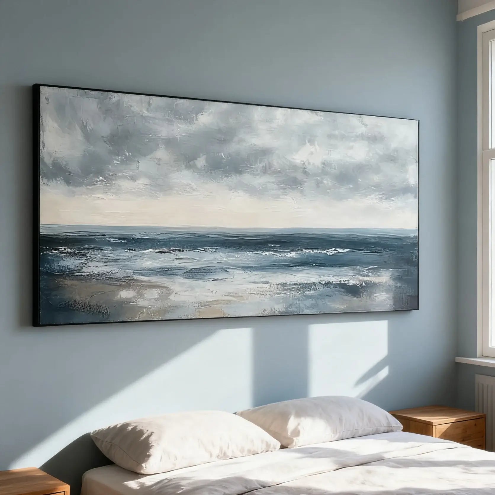 Large abstract painting of a cloudy sky and ocean above a bed in a bedroom.