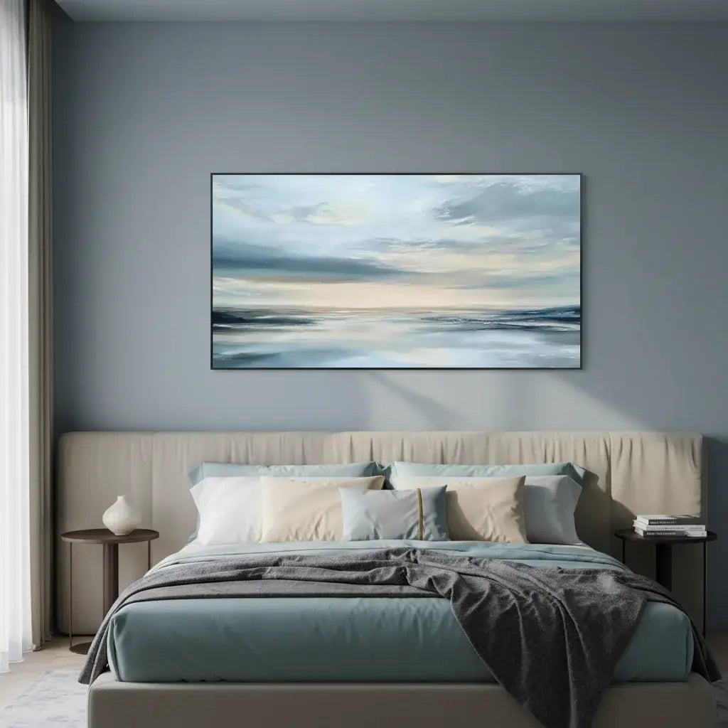 Modern bedroom with a large abstract painting above the bed