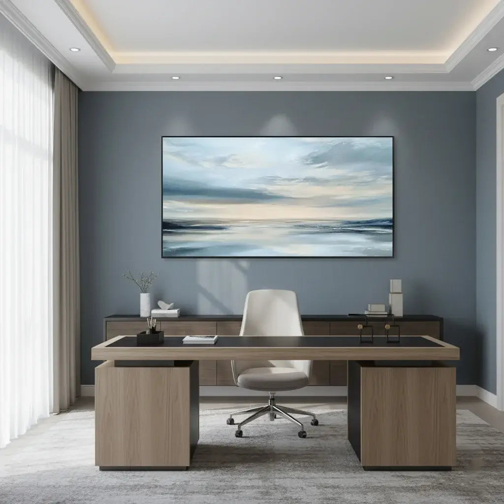 Modern office setup with a large desk, chair, and wall art in a room with gray walls and white ceiling.