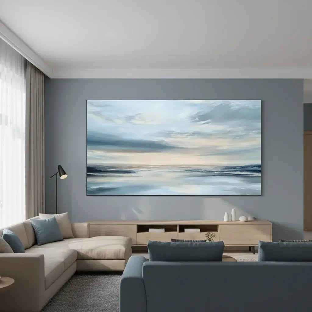 Living room with a large abstract painting on the wall