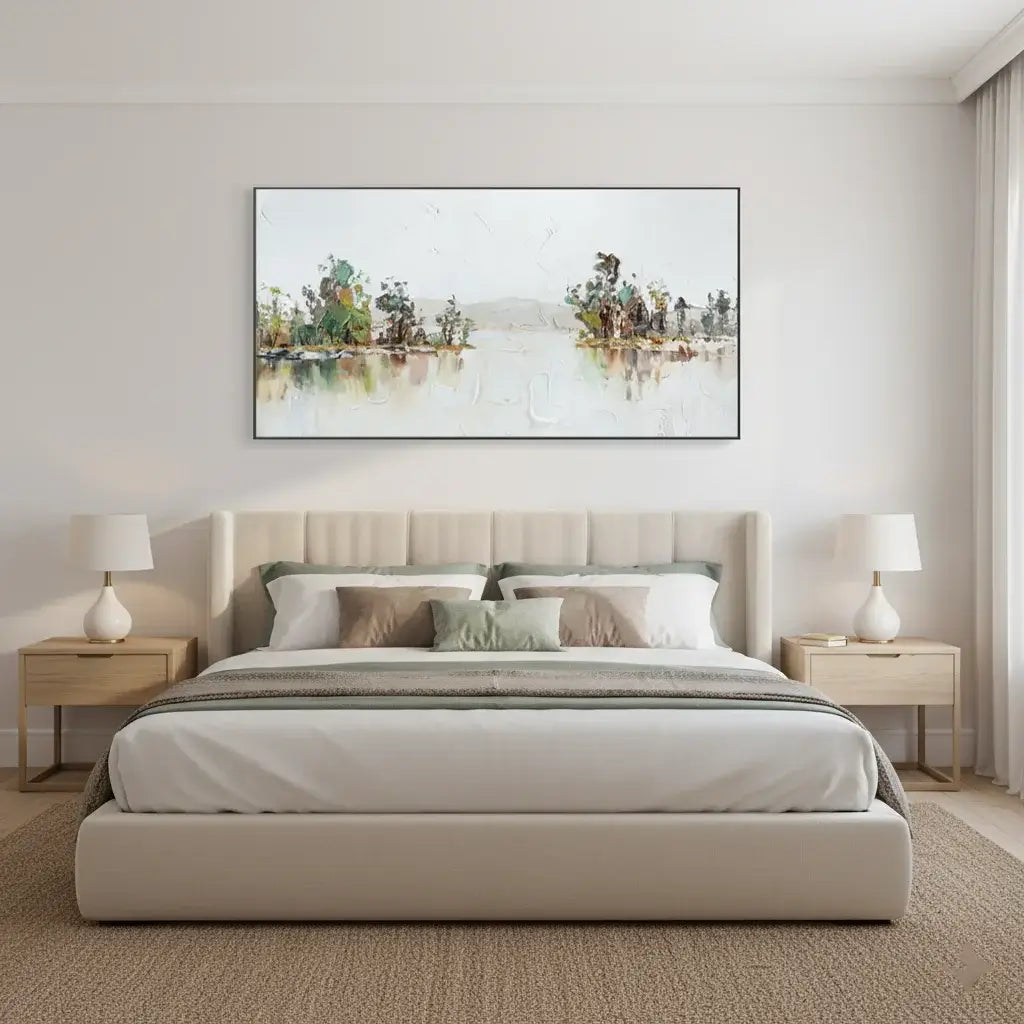 Modern bedroom with a bed, nightstands, and a large wall art piece.