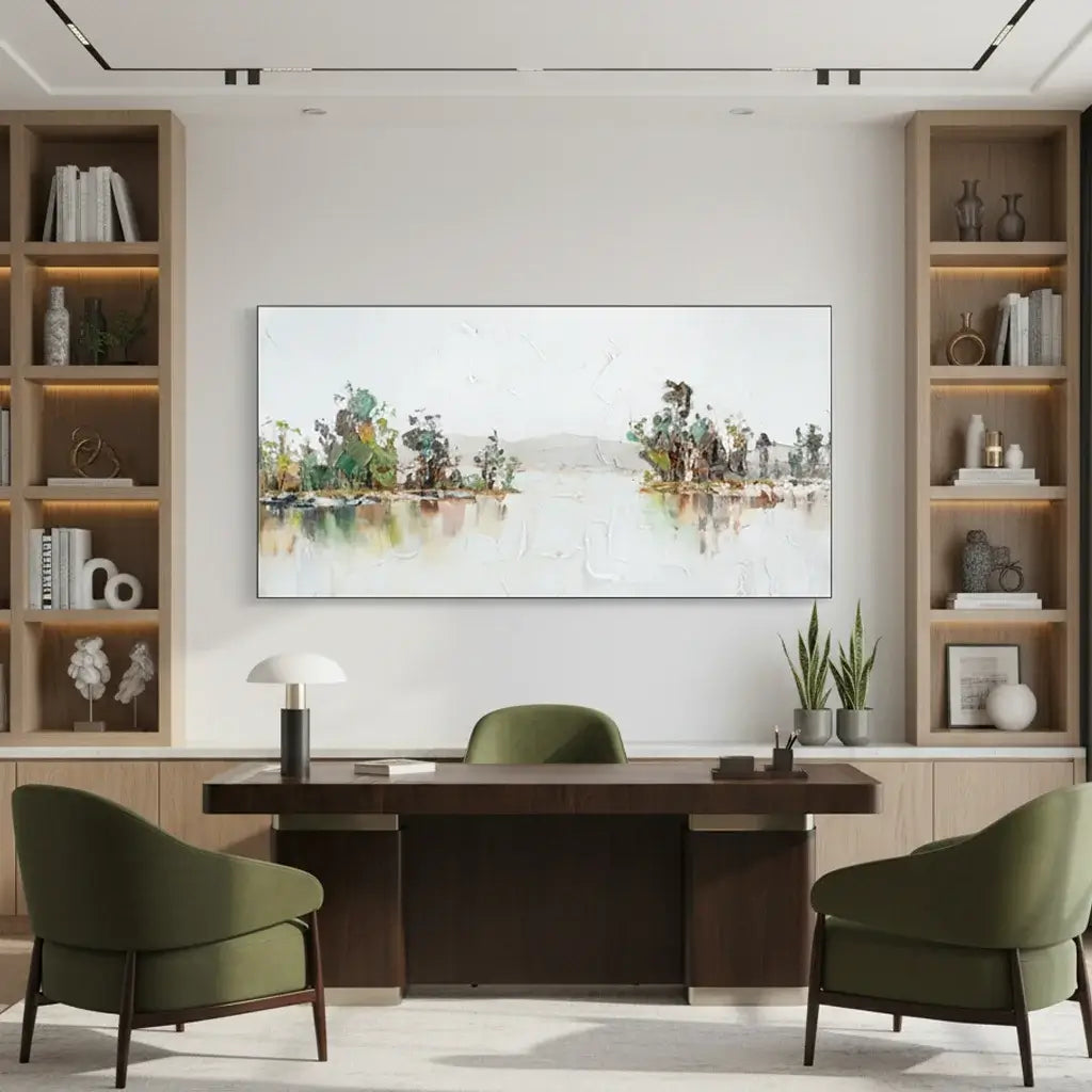 Modern office setup with wooden desk, chairs, and wall art.