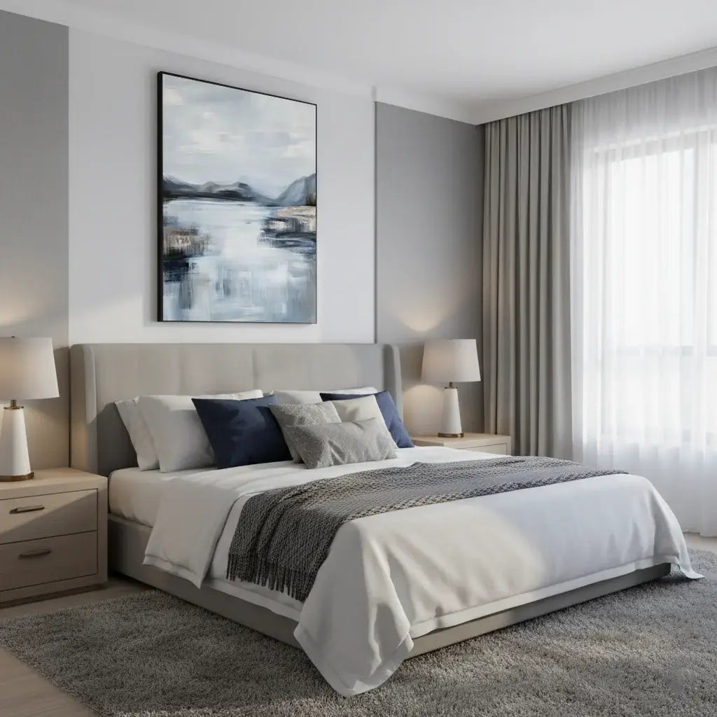 Modern bedroom with a bed, nightstands, and artwork on the wall.