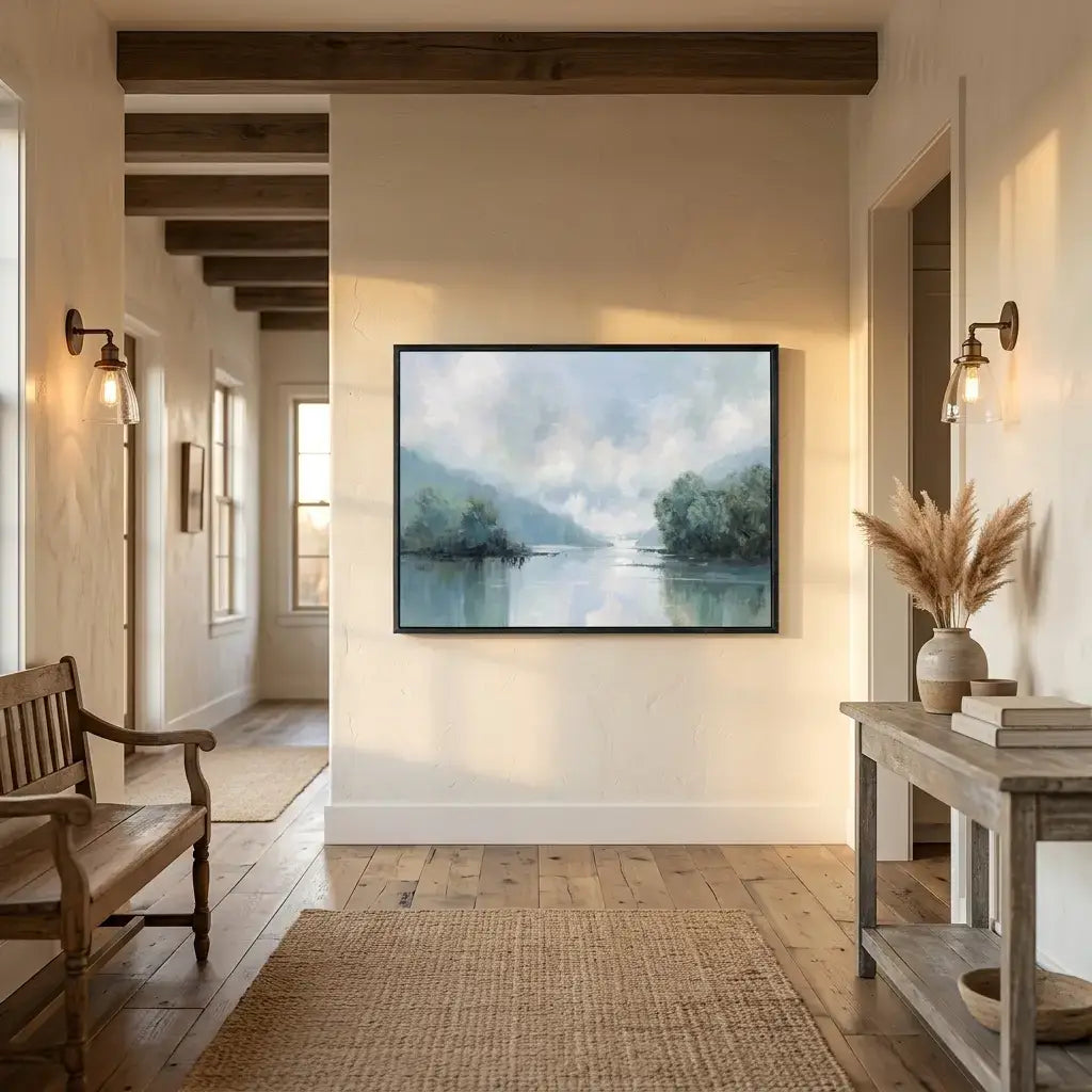 Nestled hallway with a painting of a landscape on the wall, wooden bench, and table.