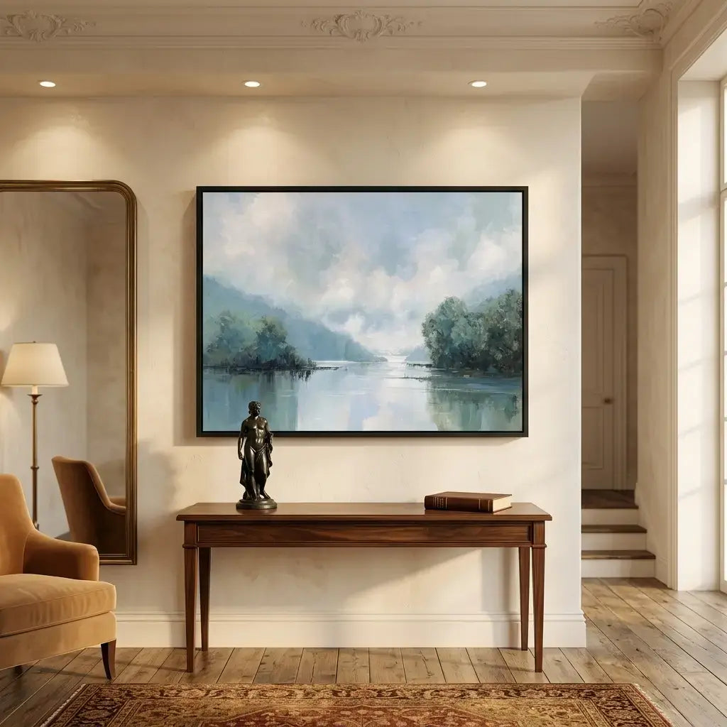 Framed landscape painting on a wall above a wooden console table in a room with a lamp and chair.