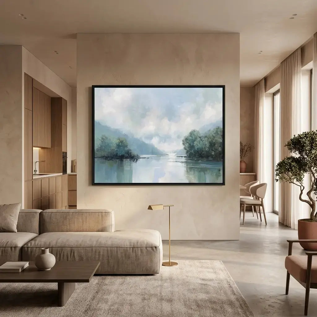 Modern living room with a large painting of a landscape on the wall.