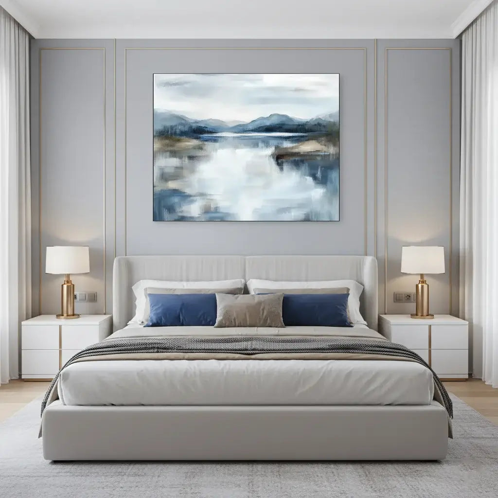 Modern bedroom with a bed, nightstands, and wall art