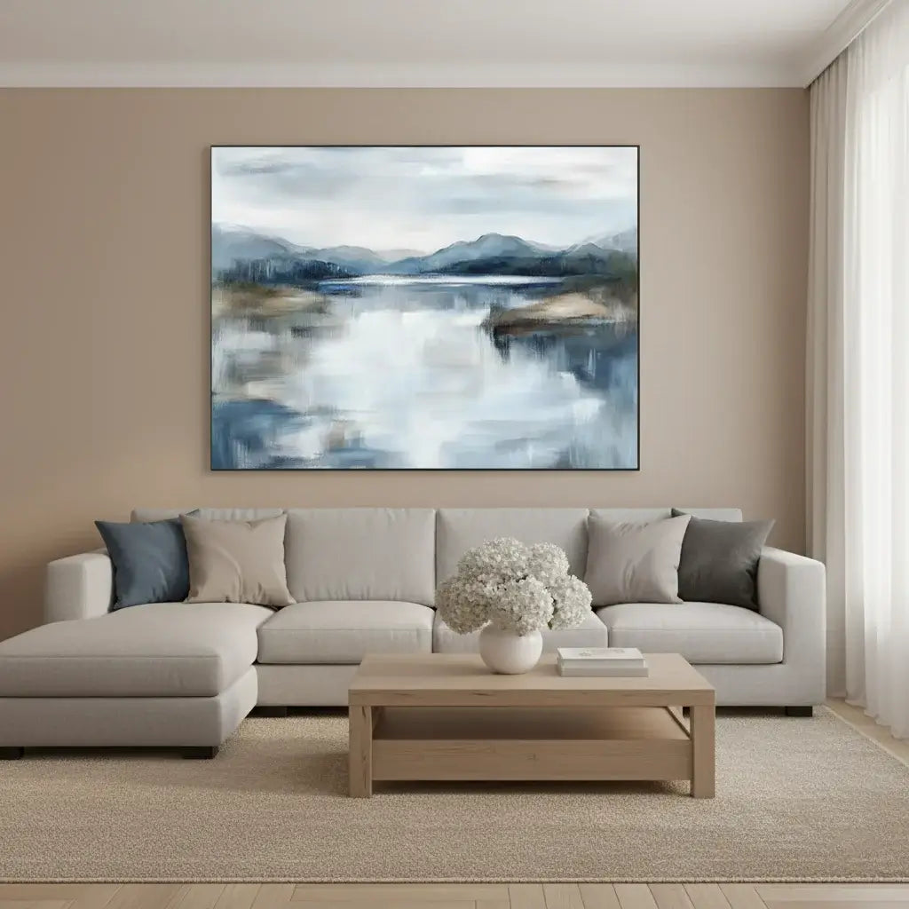 Modern living room with a large Landscape Wall Art, a beige sectional sofa, and a wooden coffee table.