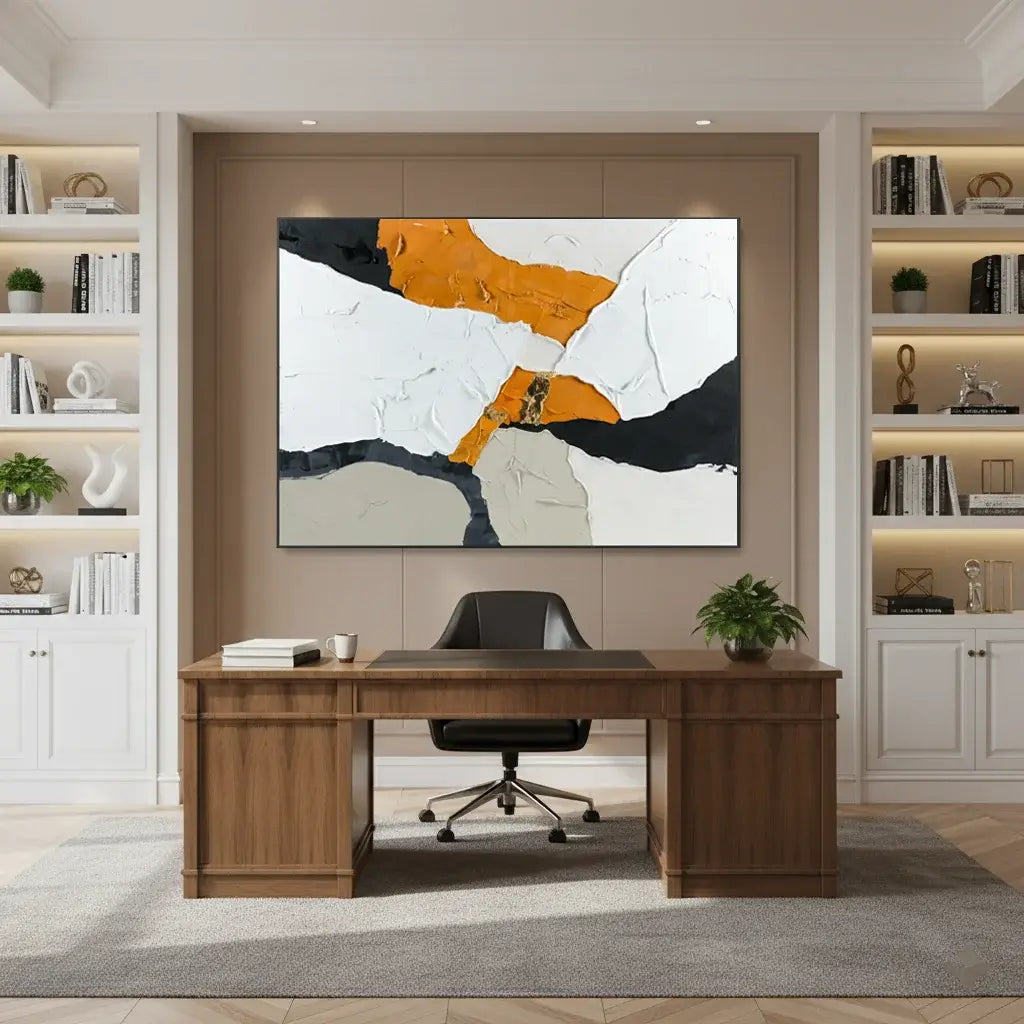 Modern office setup with a wooden desk, chair, and abstract art on the wall.