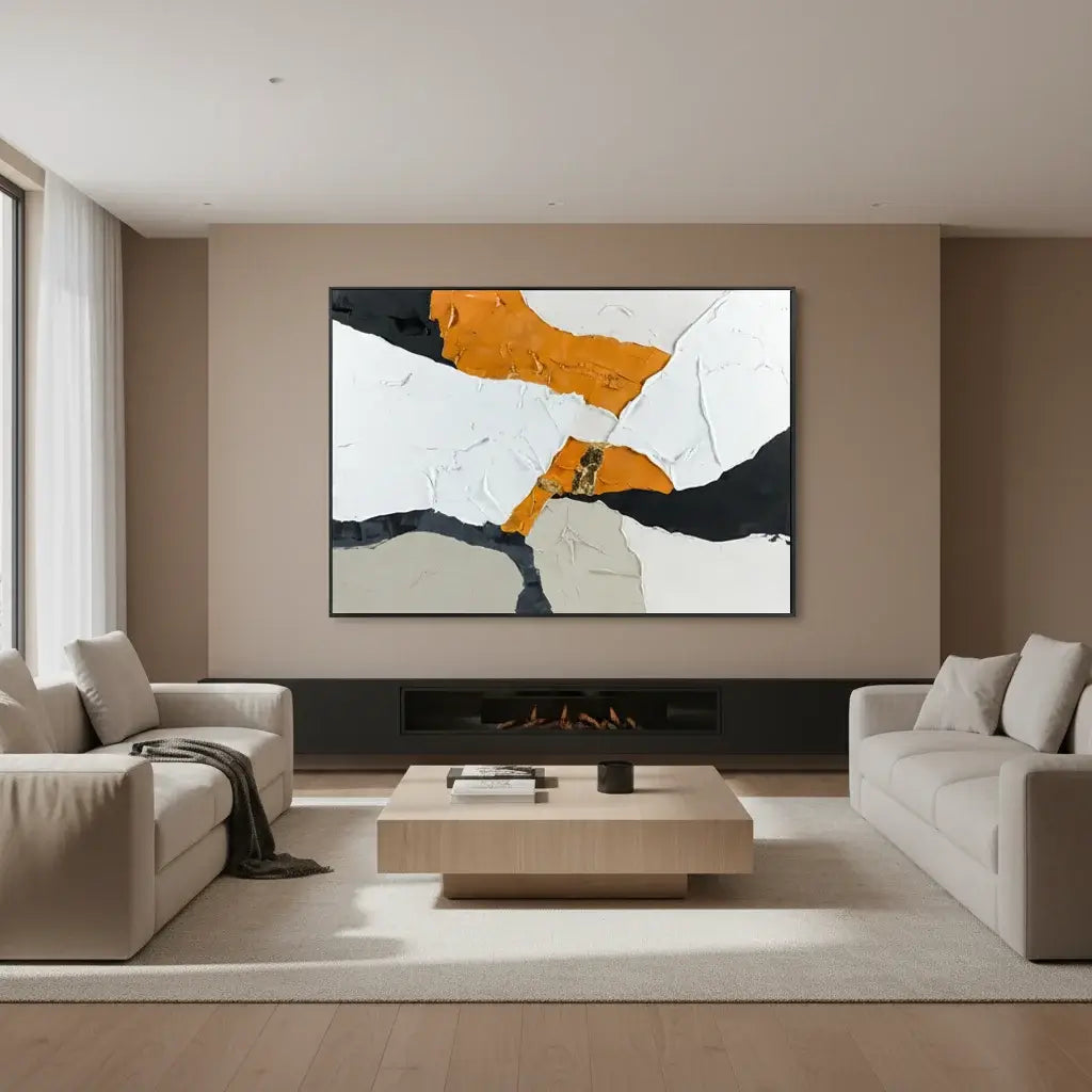 Modern living room with a large abstract painting on the wall.