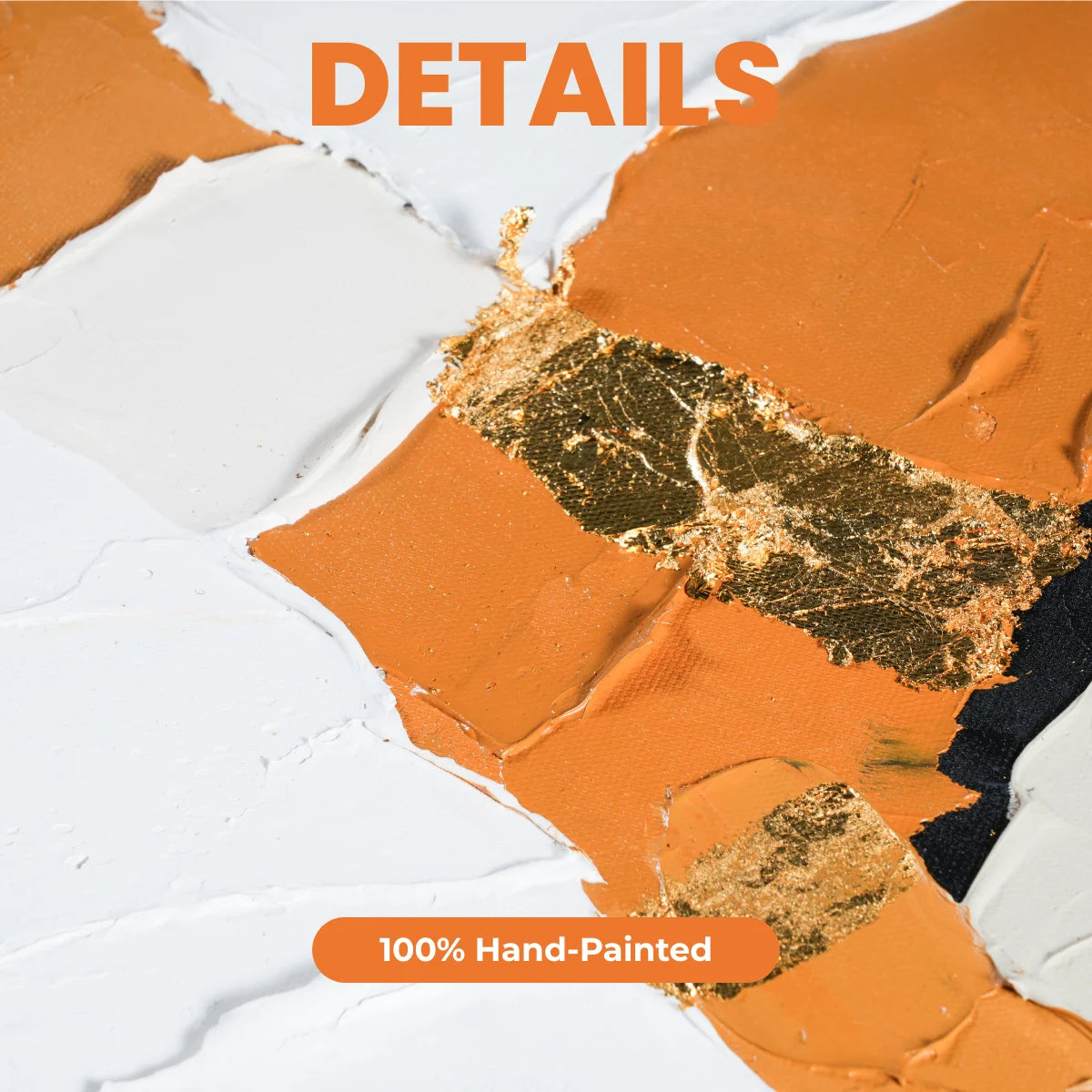 Textured orange and gold surface with '100% Hand-Painted' label on a white background