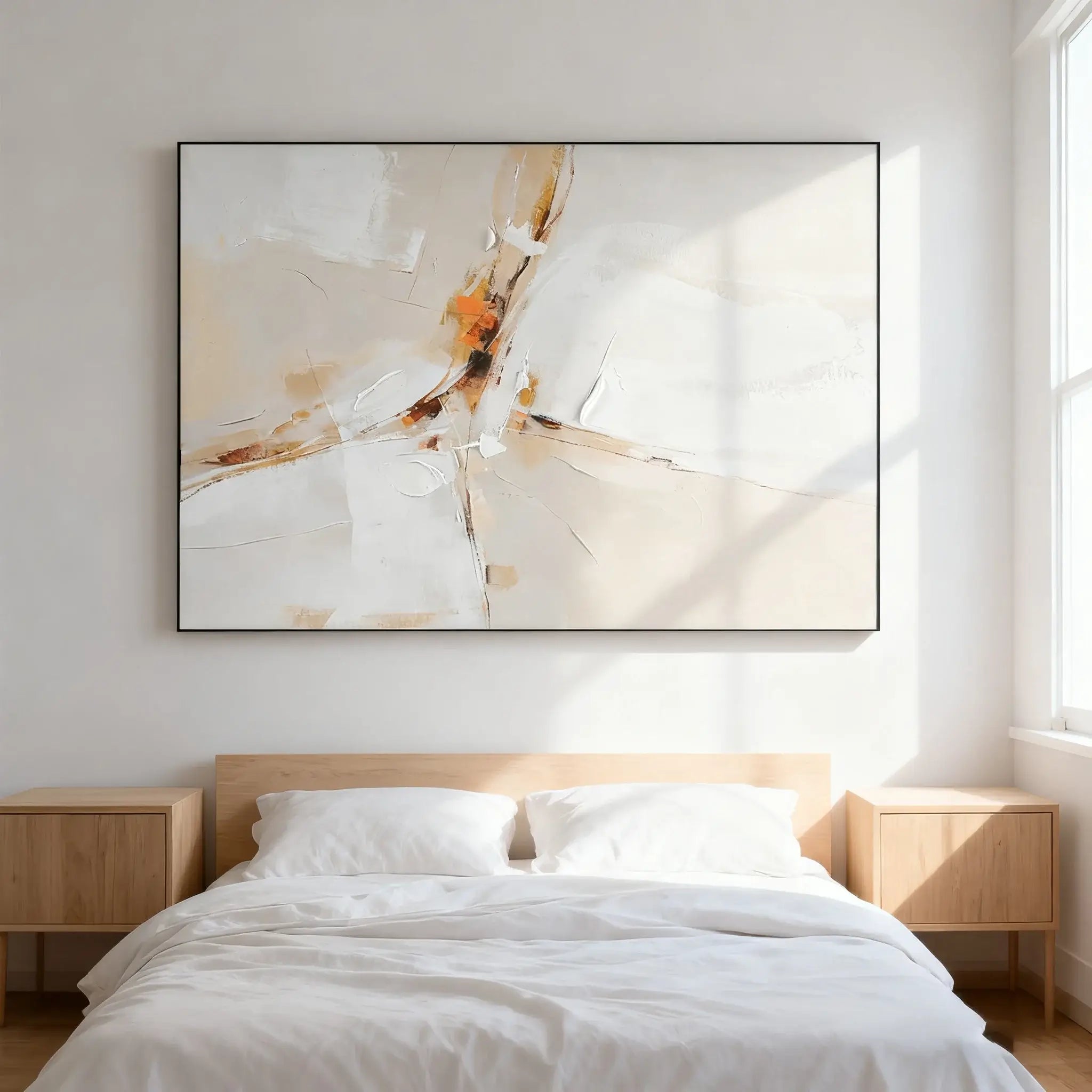 Abstract painting on a wall above a bed in a bedroom