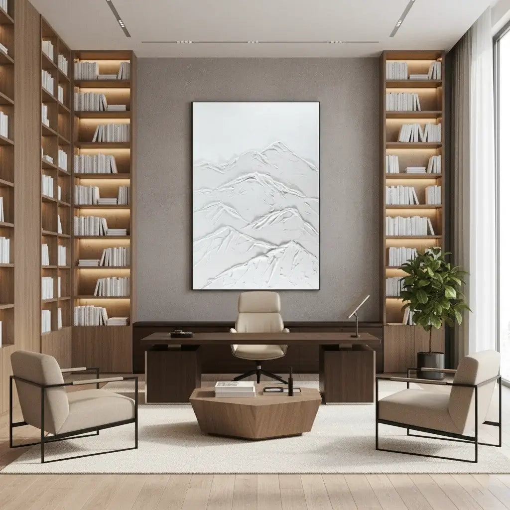 Modern office interior with bookshelves, desk, and artwork on a gray wall.