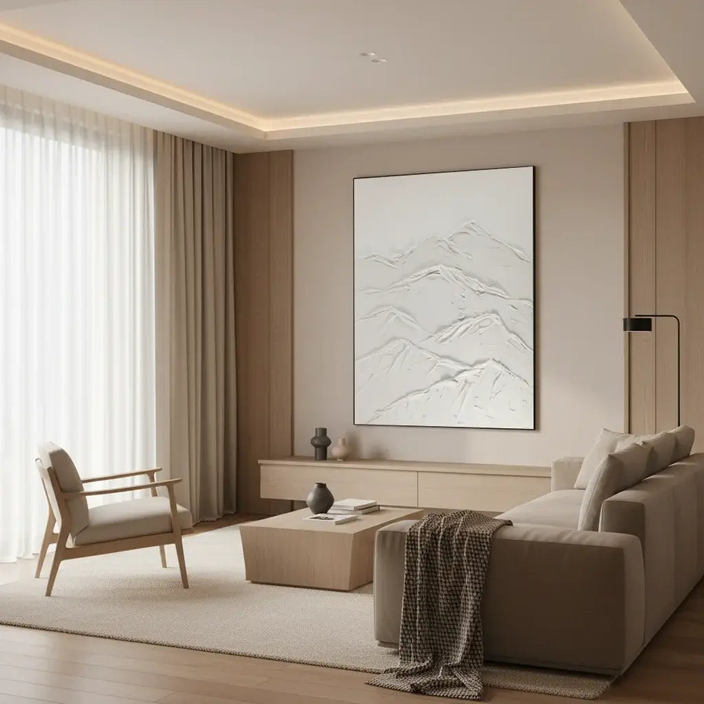Modern living room with beige sofa, armchair, and abstract wall art.