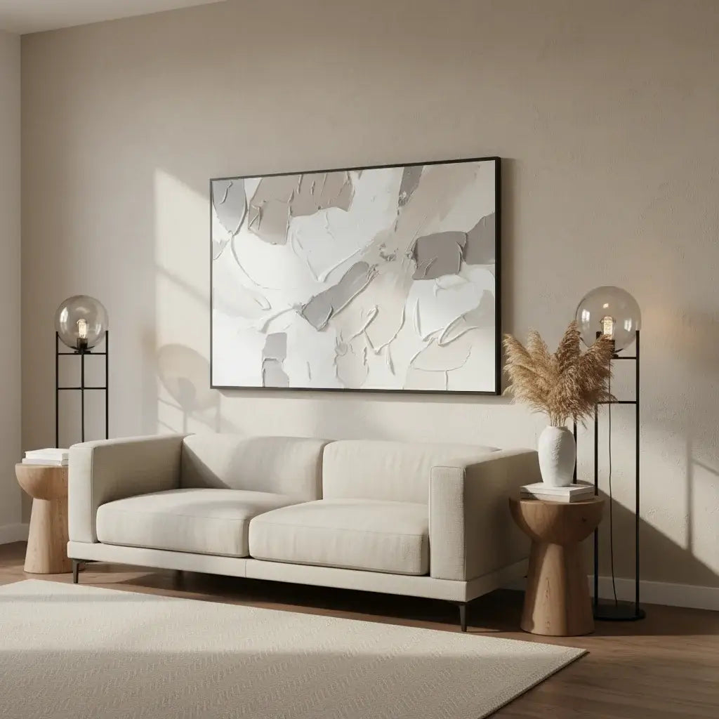Modern living room with a beige sofa, abstract art, and side tables.