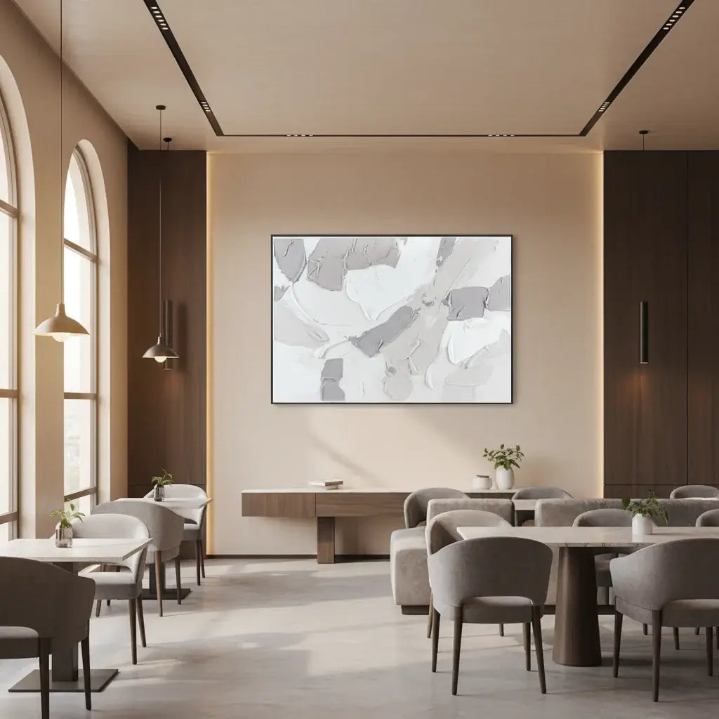 Modern restaurant interior with tables, chairs, and a decorative wall art piece.