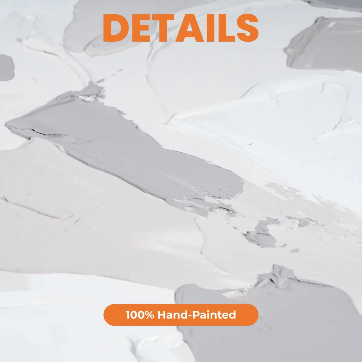 Close-up of a textured surface with '100% Hand-Painted' label.