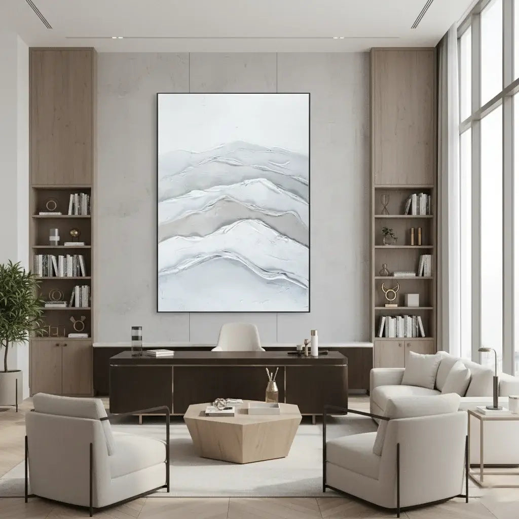 Modern living room with neutral color scheme, furniture, and artwork.