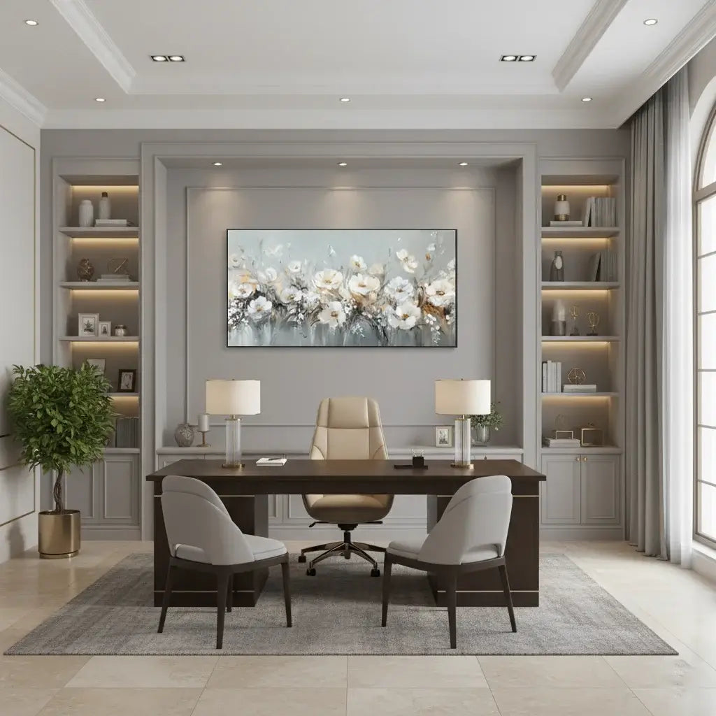 Modern office interior with a desk, chairs, and decorative elements.