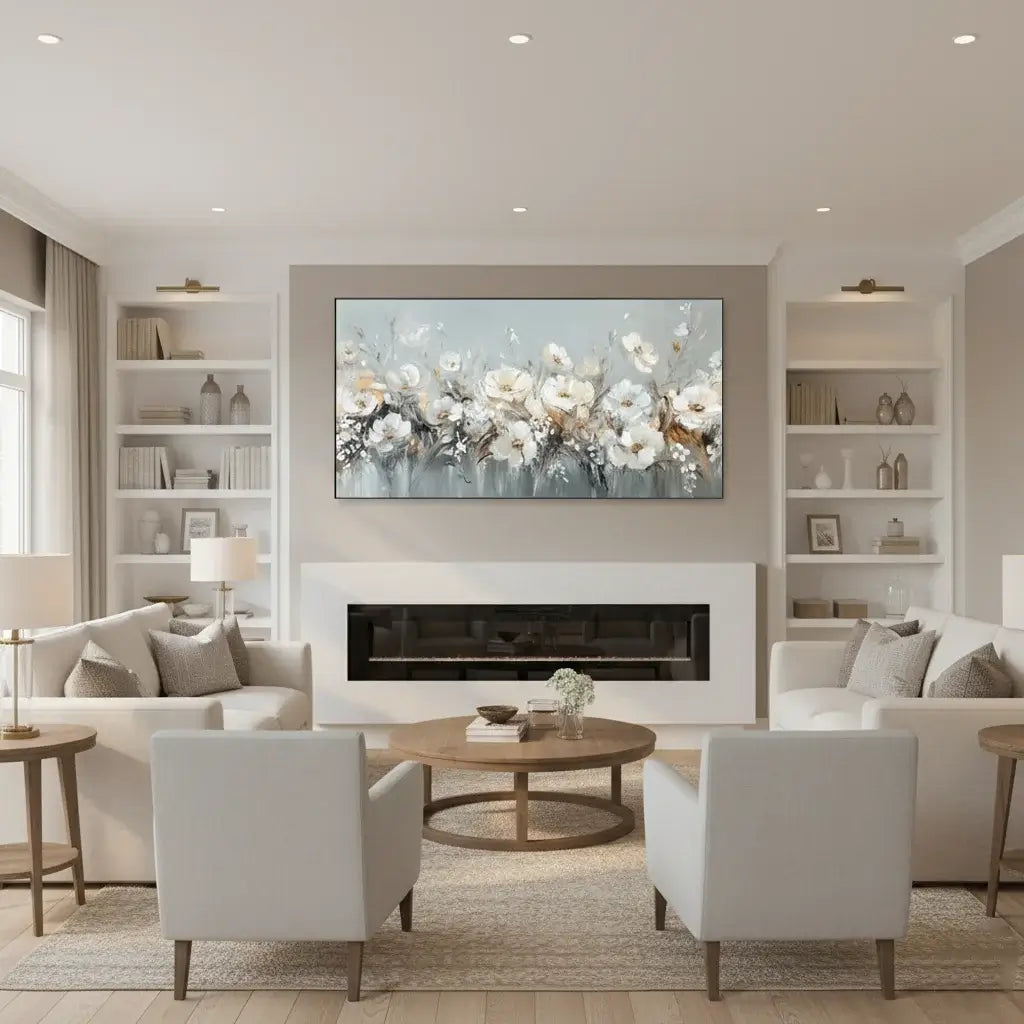 Modern living room with a fireplace, television, and furniture.