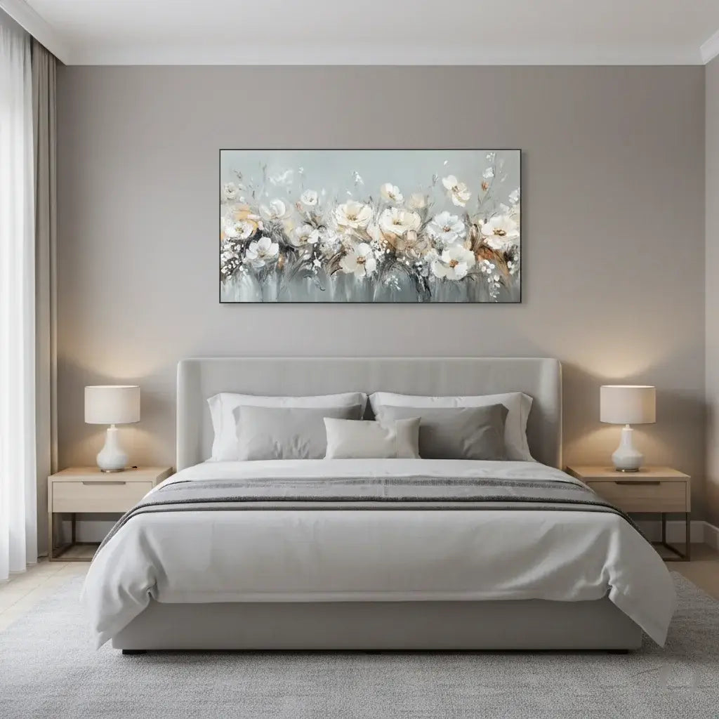 Modern bedroom with a floral painting above the bed