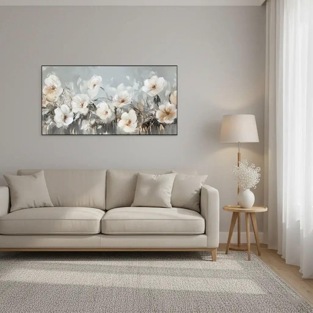 Living room with a beige sofa, floral painting on the wall, and a side table with a lamp.