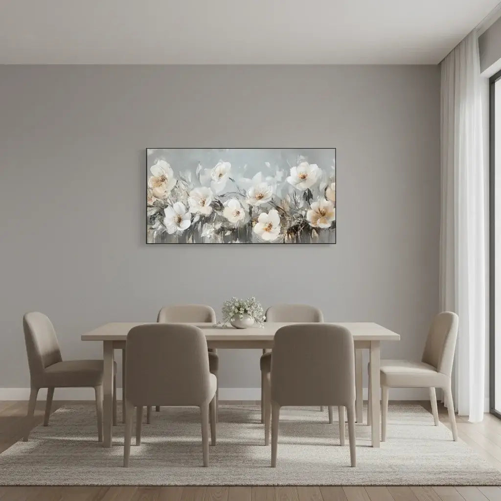 Dining room with a table and chairs, and a floral painting on the wall.