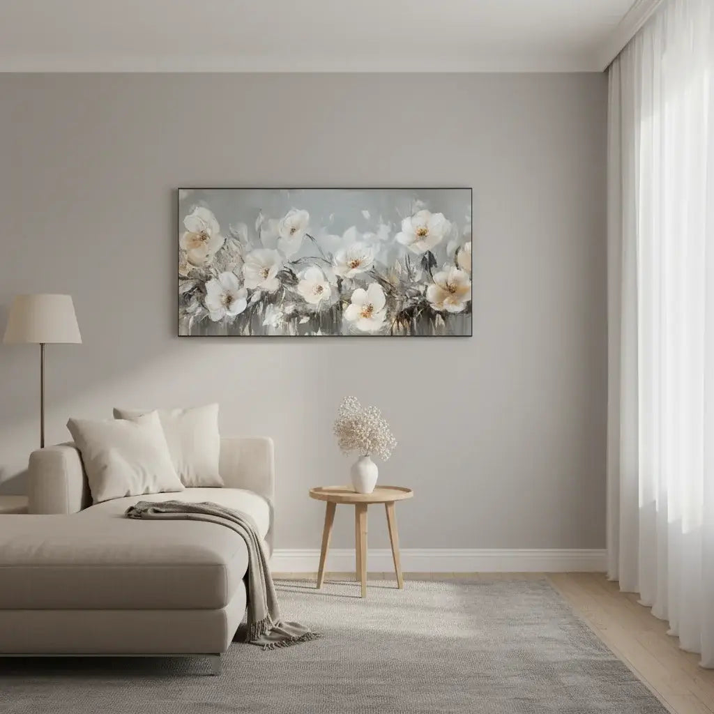 Living room with a floral painting on the wall, beige sofa, and small table with a vase.