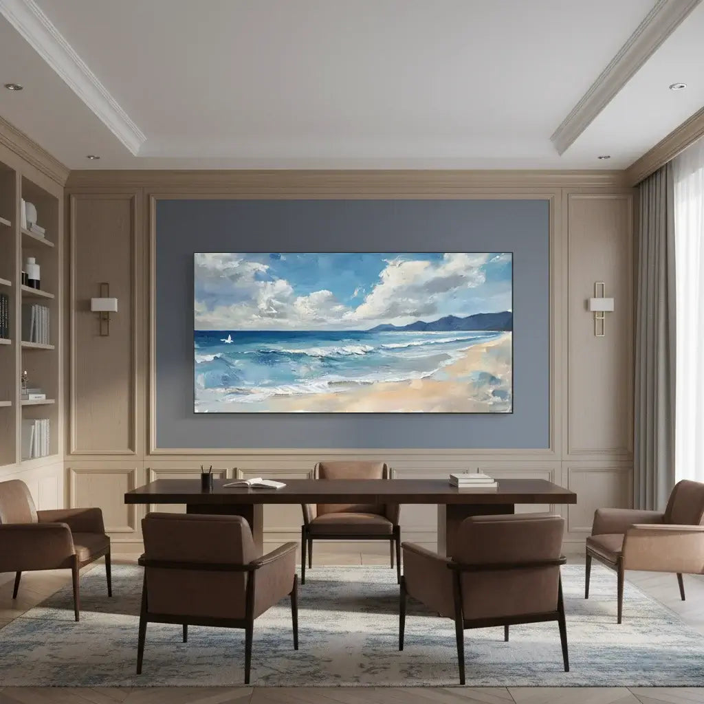 Modern dining room with a large wall-mounted oil painting above an ocean scene.