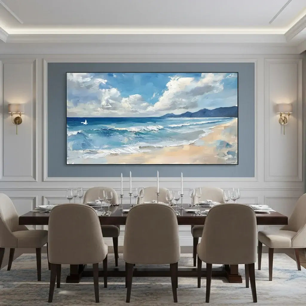Dining room with a large beach scene painting on the wall