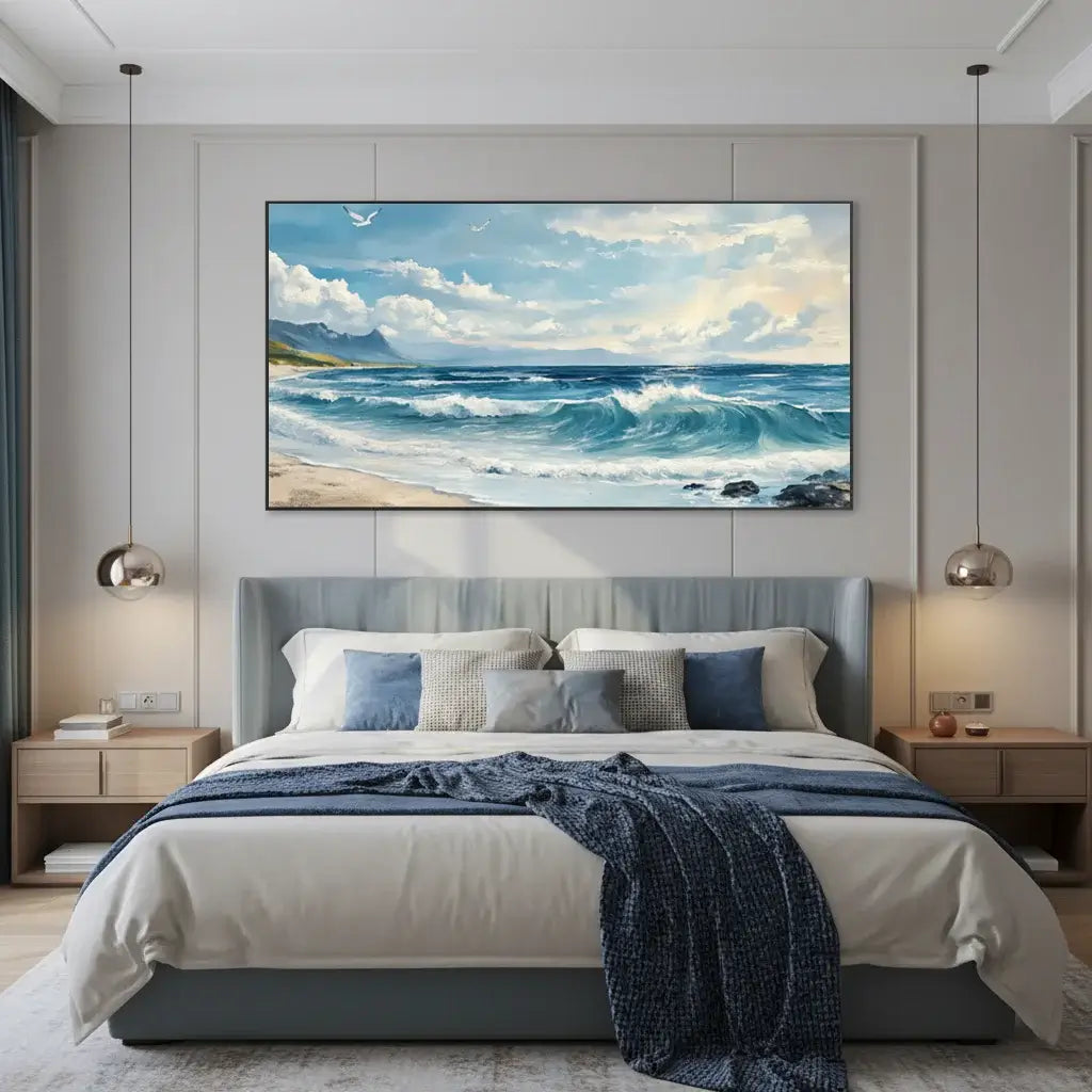 Modern bedroom with a large ocean painting on the wall