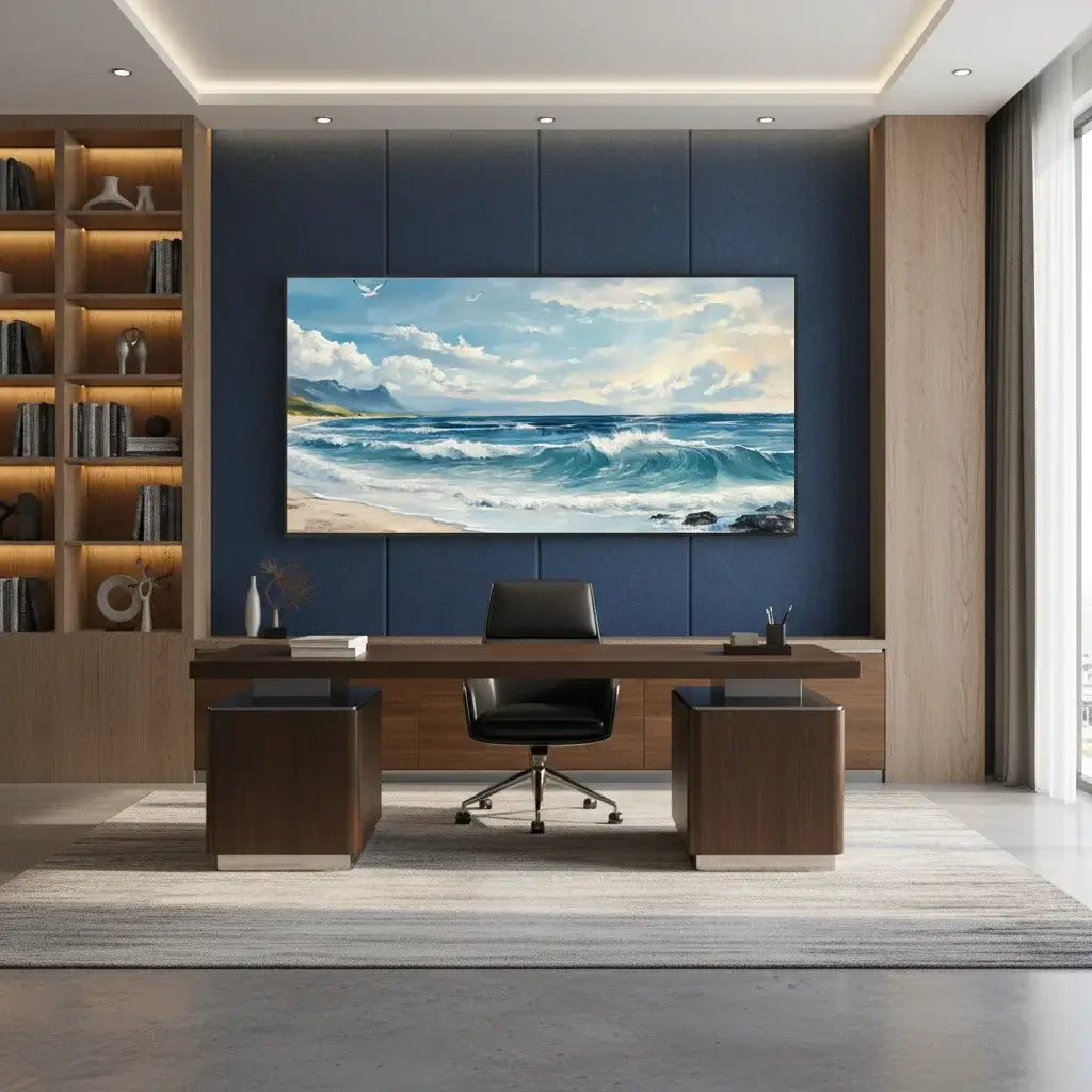 Modern office with a large desk, chair, and wall-mounted beach oil painting