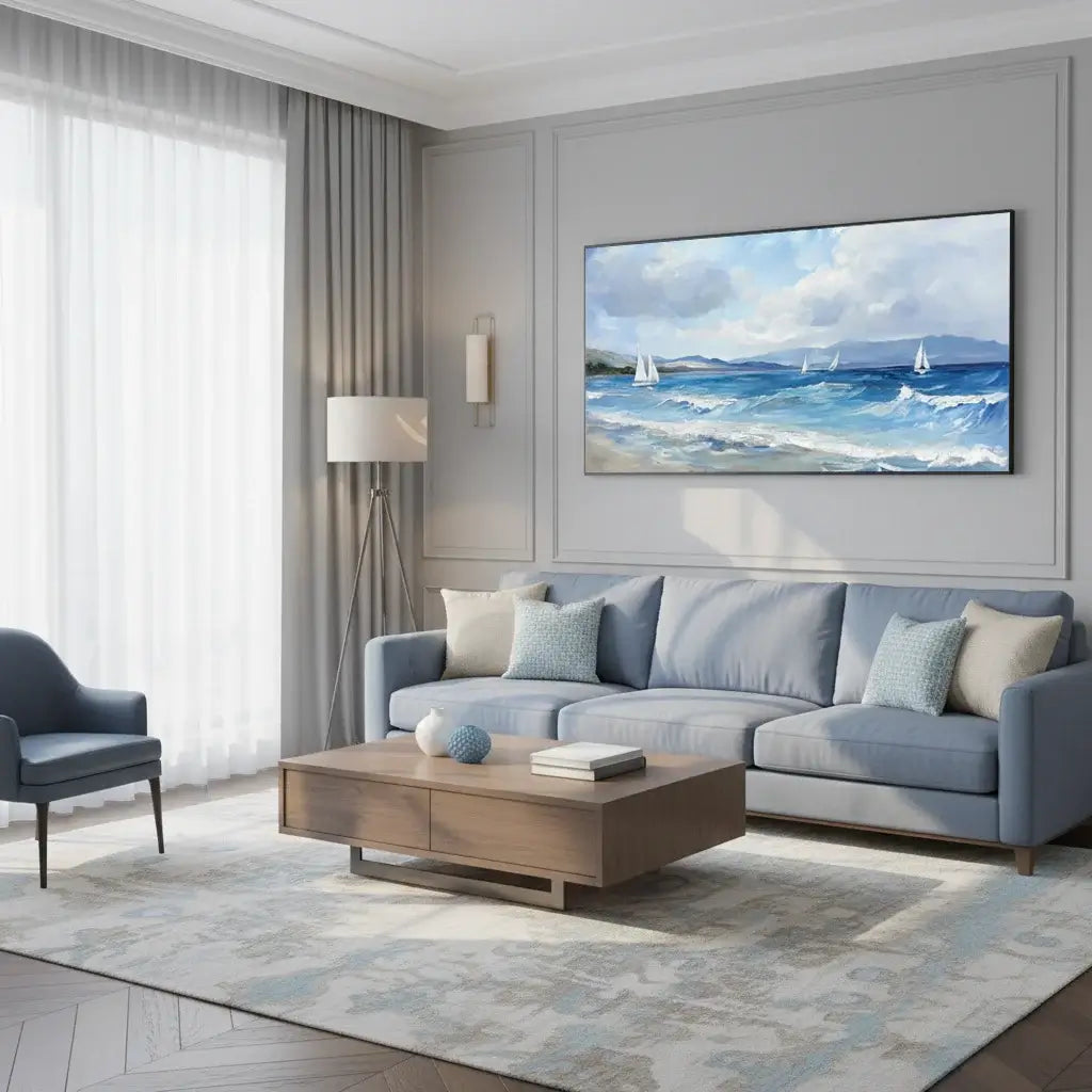 Modern living room with a gray sectional sofa, wooden coffee table, and a painting of a beach scene on the wall.