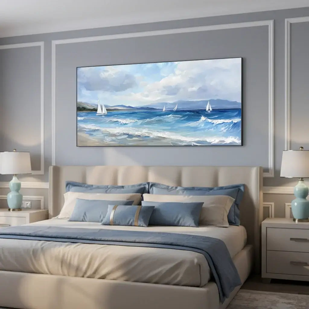 Bedroom with a large seascape painting above the bed