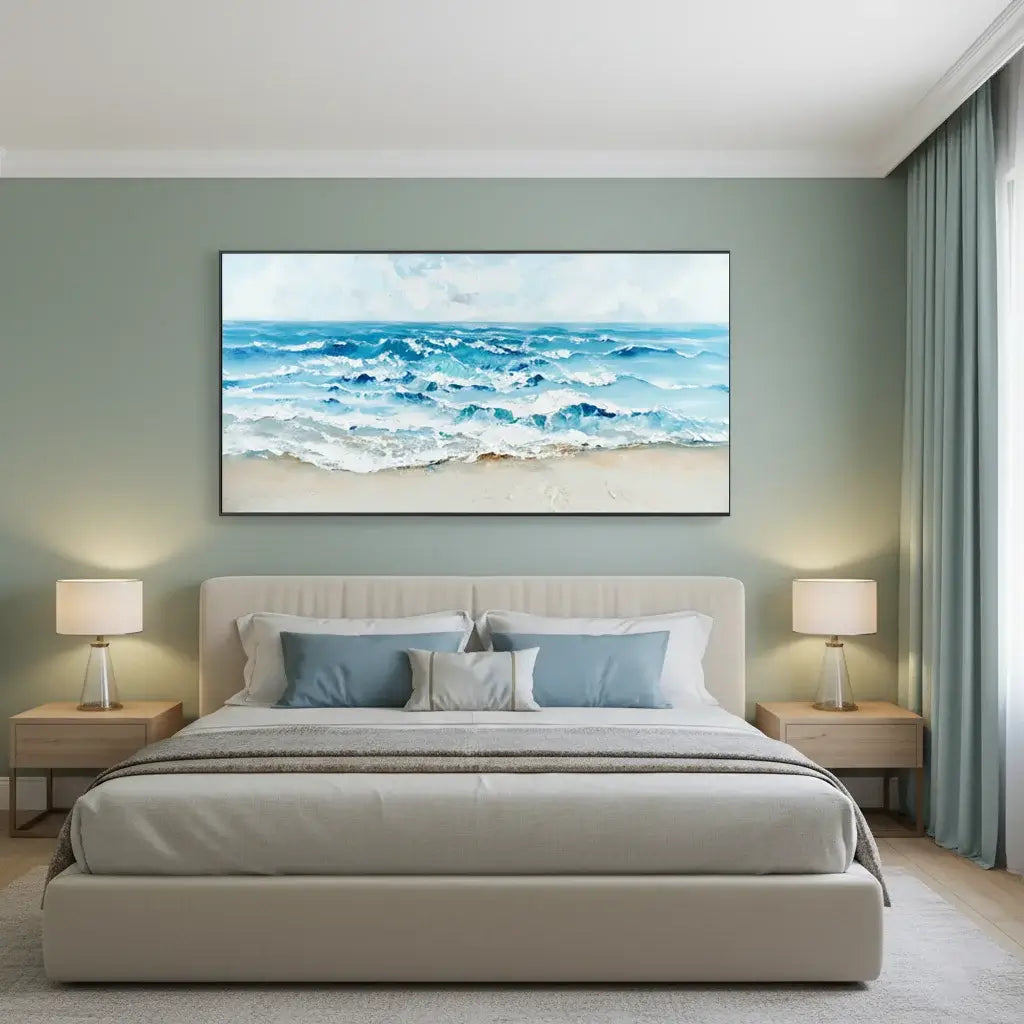 Modern bedroom with a bed, nightstands, and a large wall art of a beach scene.