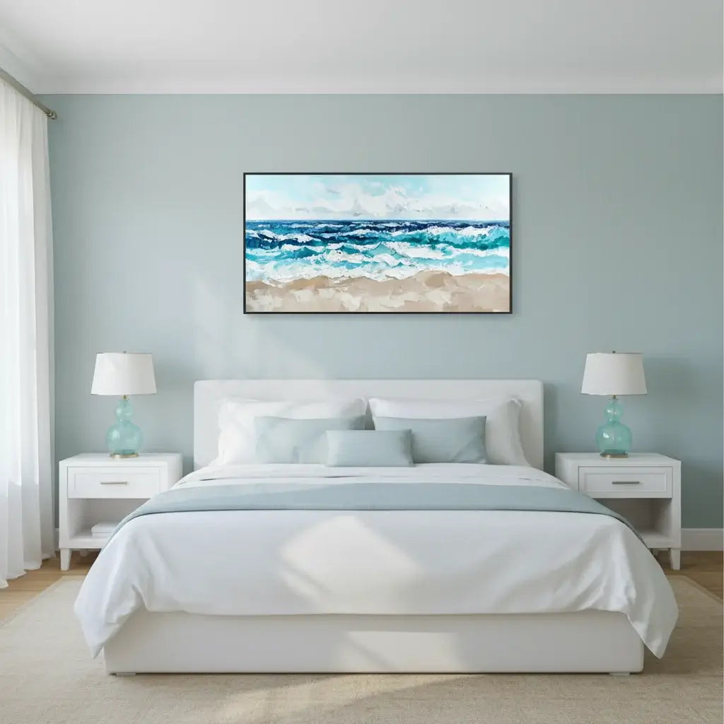 Bedroom with a large wall art of a beach scene above a bed.