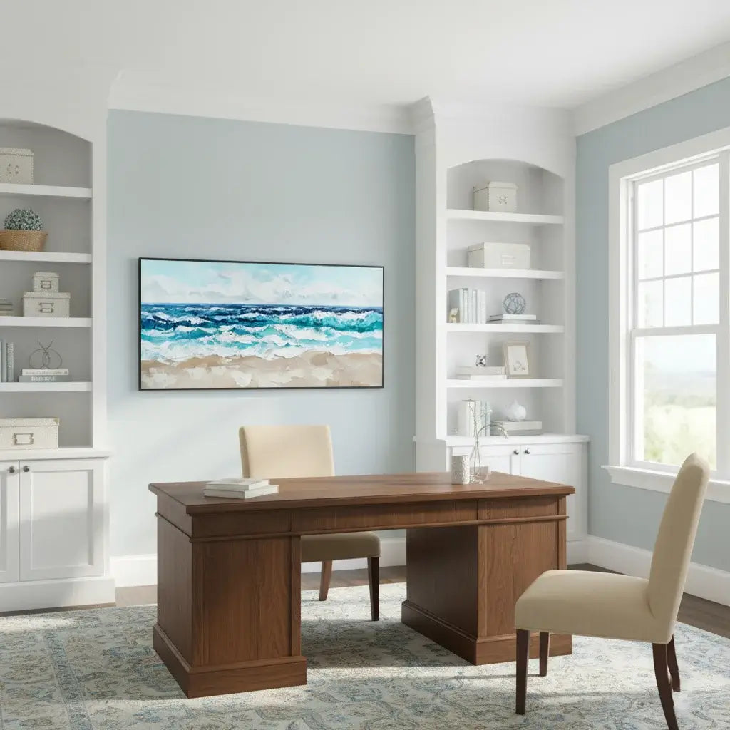 Home office with wooden desk, chair, and wall art of a beach scene.