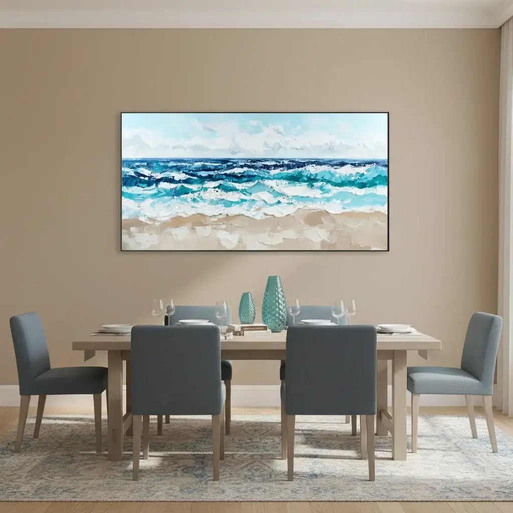 Dining room with a large framed beach scene painting on the wall above a table with chairs.