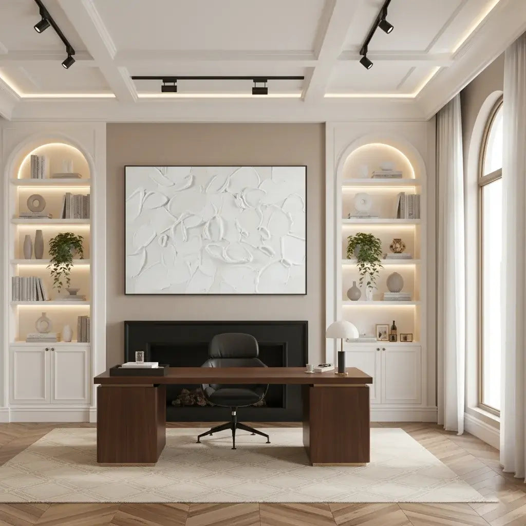 Modern office interior with a wooden desk, shelves, and abstract art on the wall.