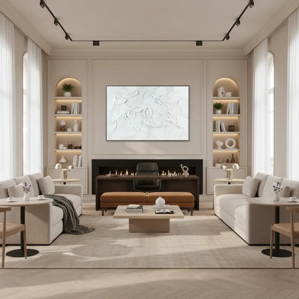 Modern living room with white walls, neutral furniture, and a large TV.