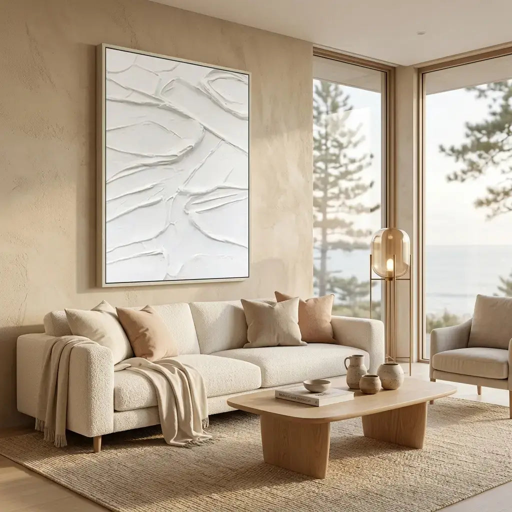 Modern living room with beige sofa, abstract artwork, and large windows.